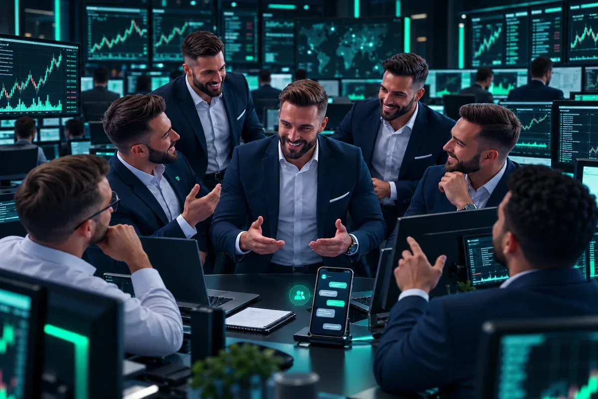 صورة توضيحية: مجتمع متداولين يتبادل الأفكار في غرفة التداول